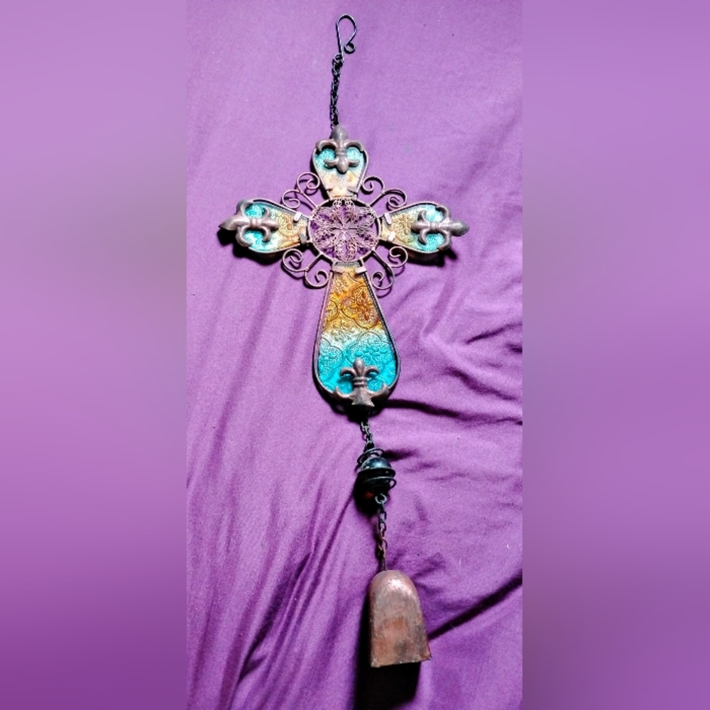 Multicolor Hanging Stained Glass Cross with Bell Wind chime